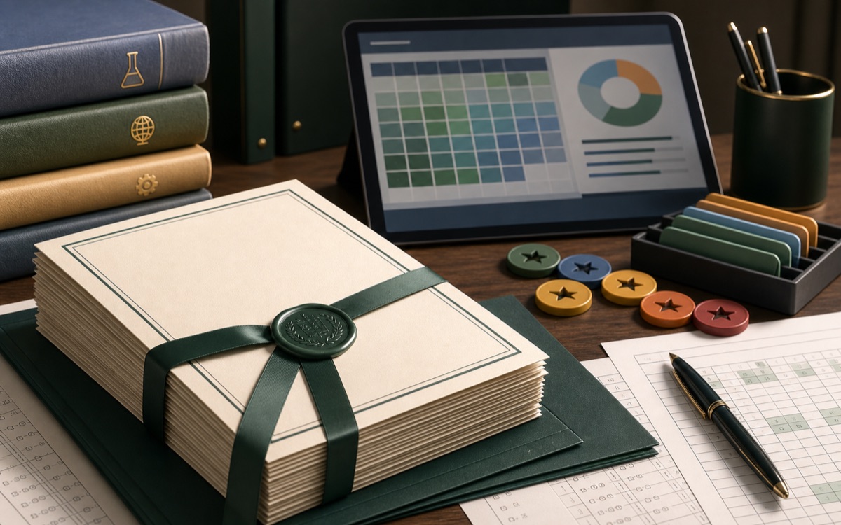 Report card stack, grading tokens, and abstract marks dashboard