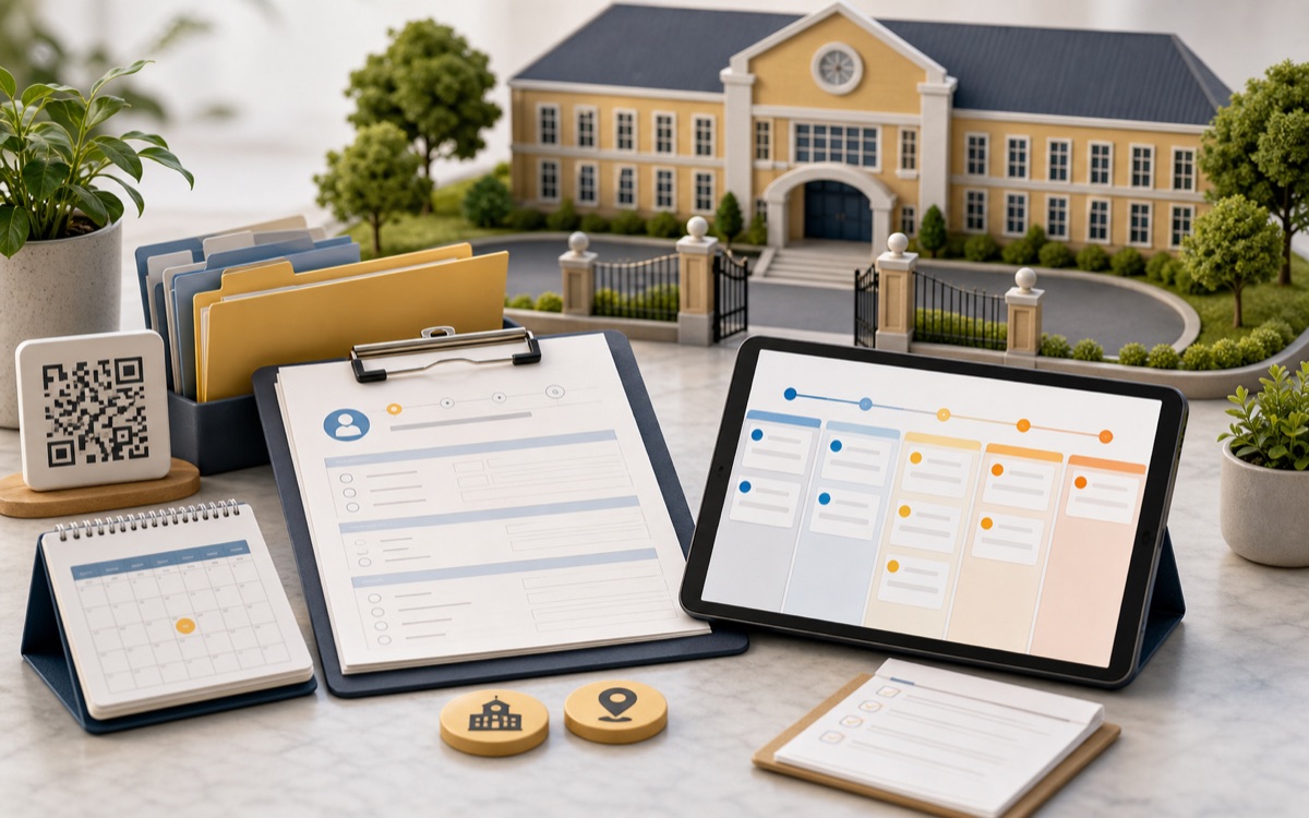 Admissions forms, folder tabs, QR card, and a lead pipeline tablet