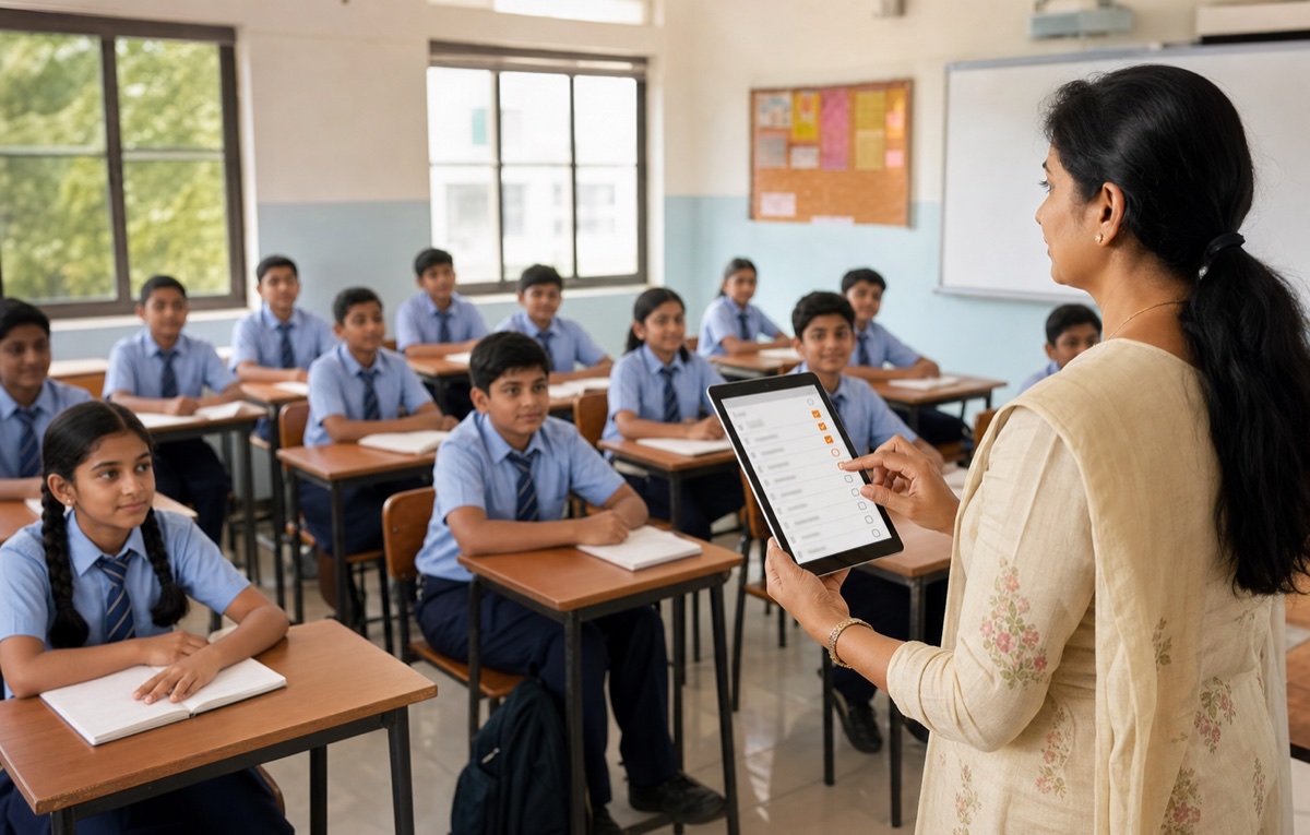A teacher checking attendance on a tablet while students sit in a classroom
