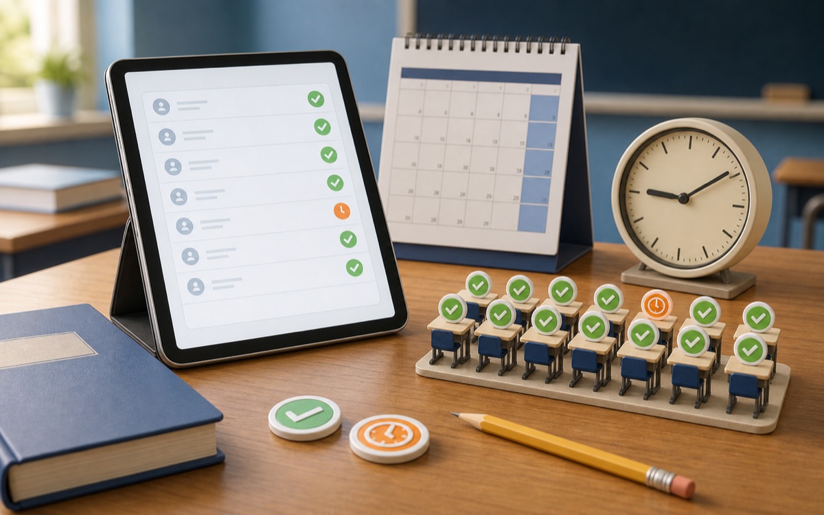 A classroom attendance register, clock, and marked roster sheet