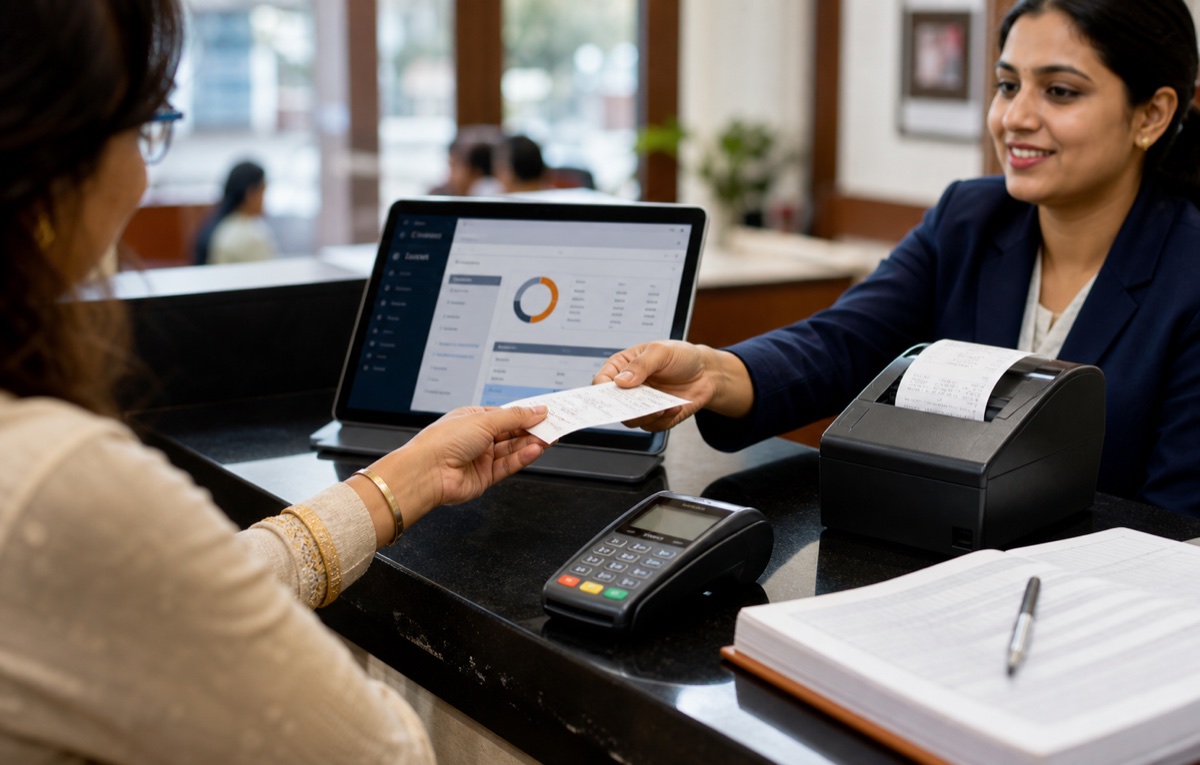School finance staff handing a printed fee receipt across a payment desk