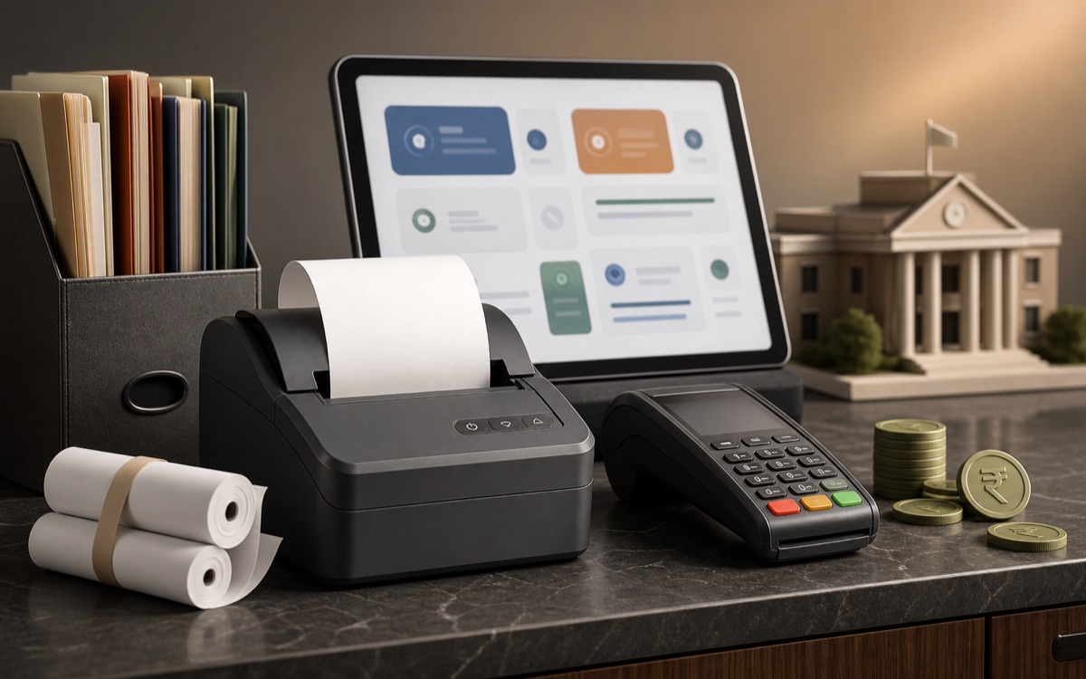 Fee receipts, a calculator, coins, and a school finance ledger