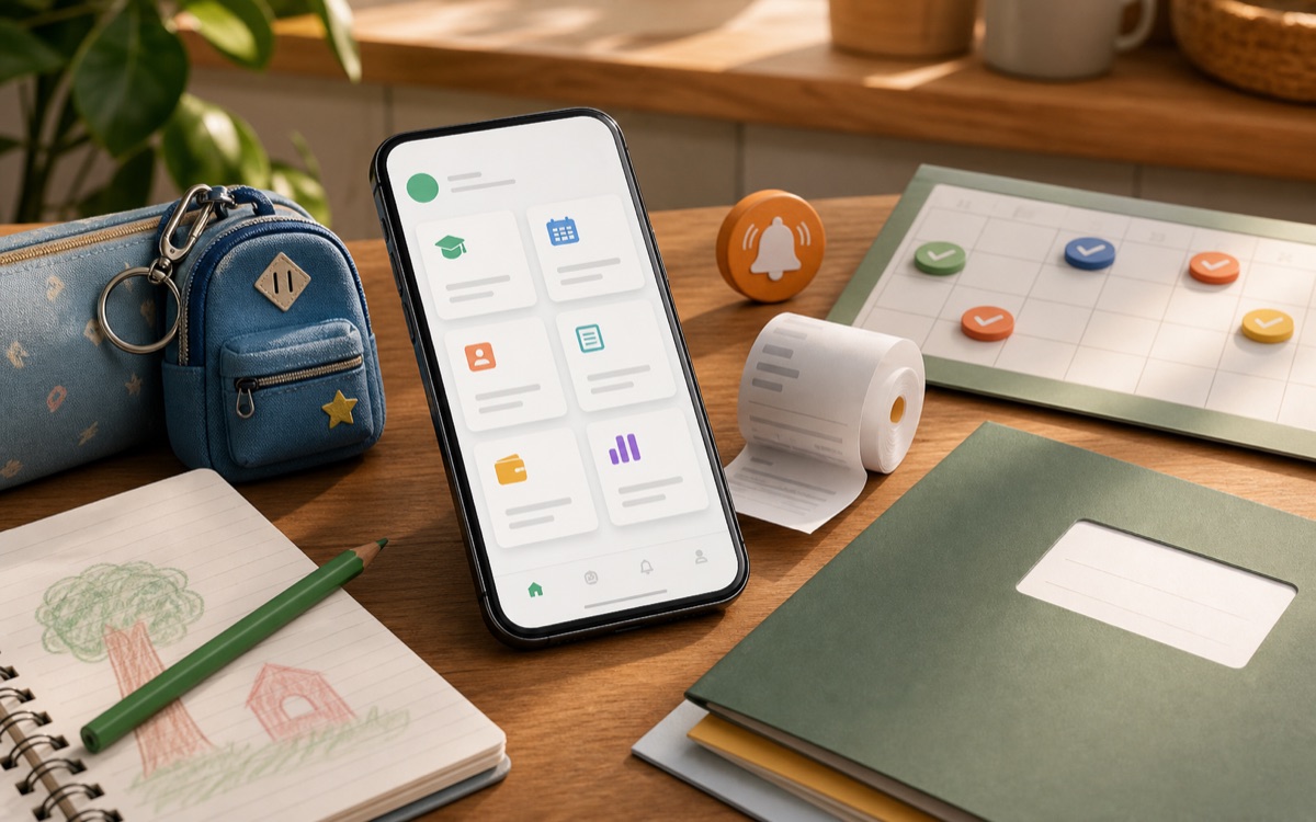 A parent portal welcome kit with a phone, linked child cards, and published notices
