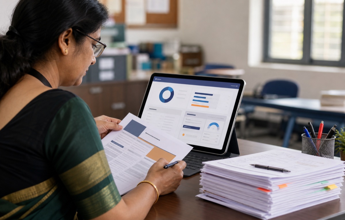 A school administrator reviewing a student's record on a tablet beside a stack of files